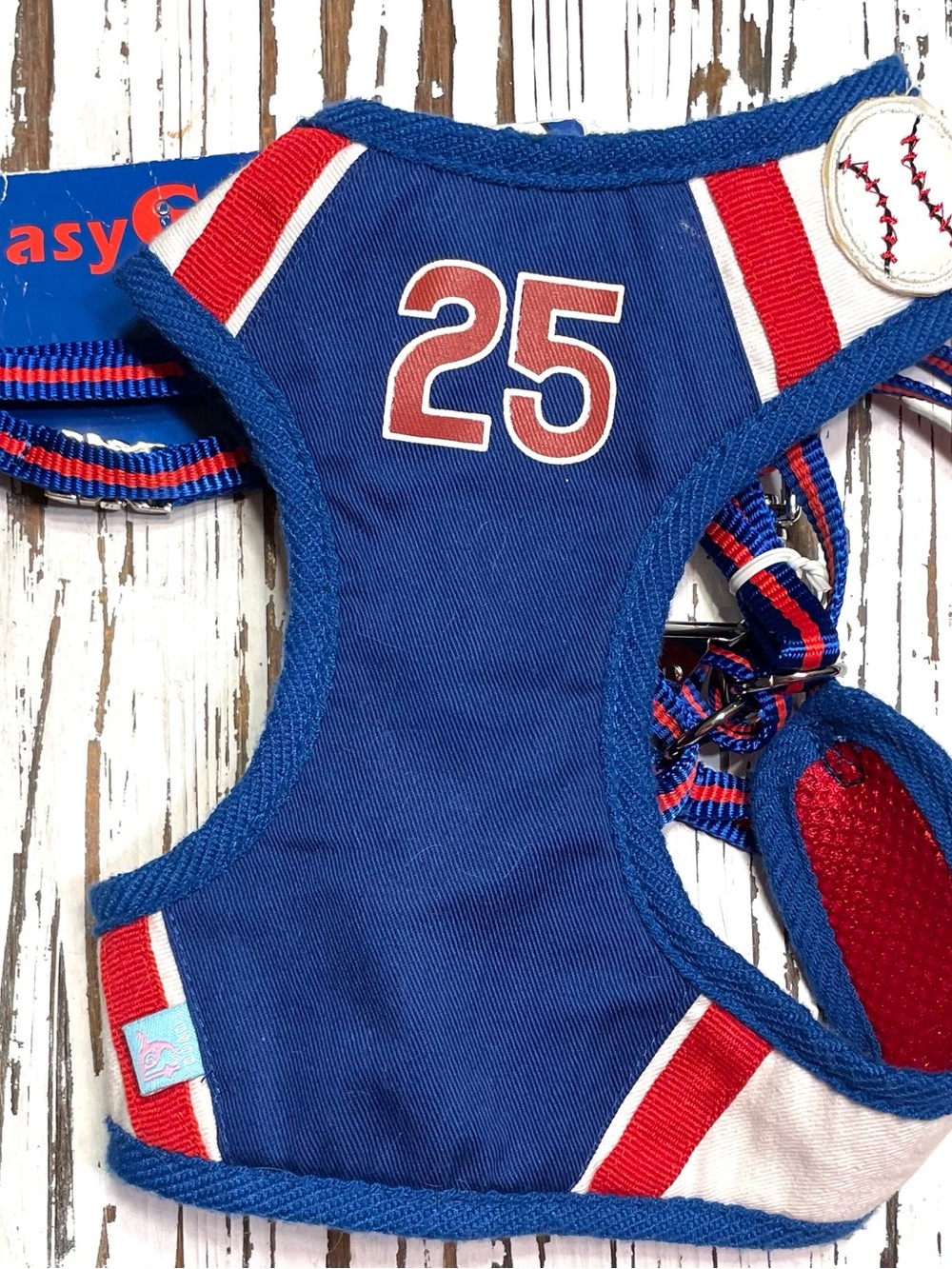 Blue, Red, and White Sports Dog Harness with Matching Leash Medium